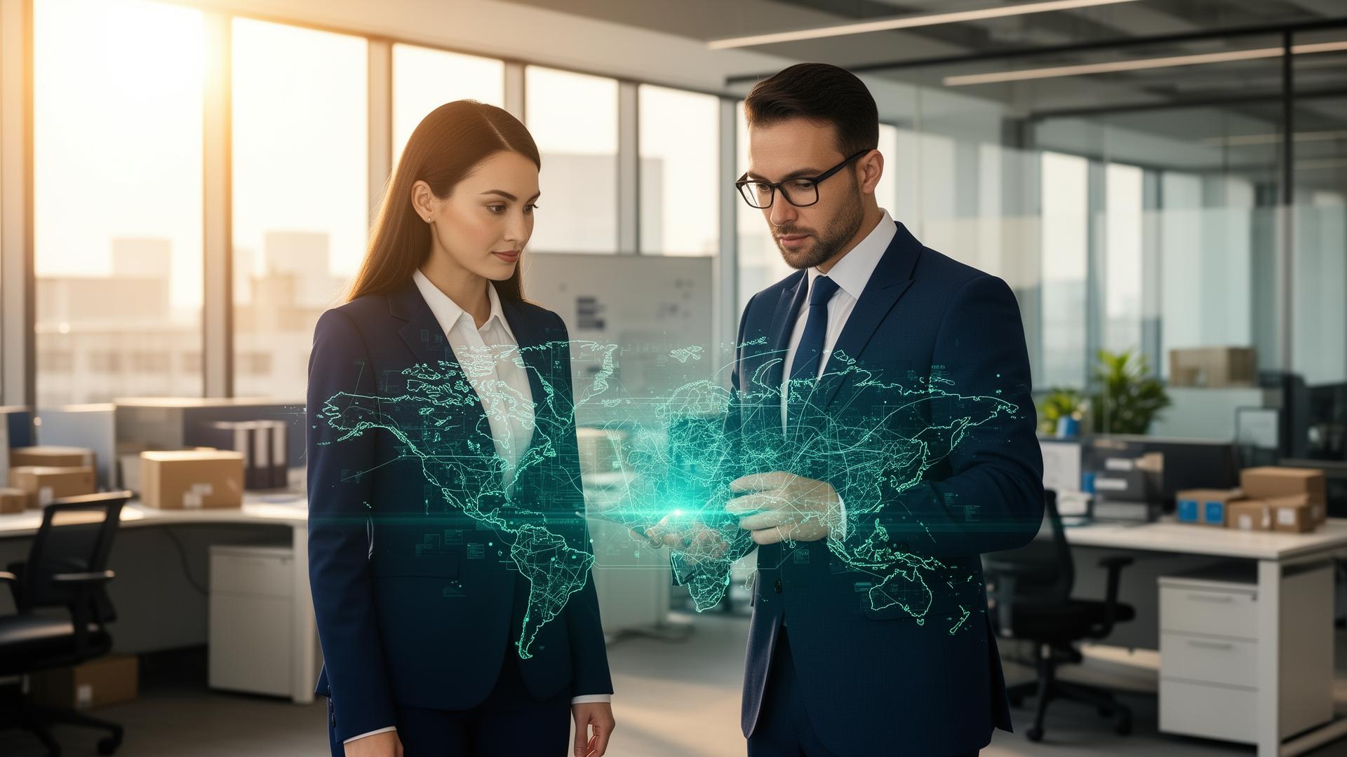 Two professionals reviewing logistics operations on a modern interface
