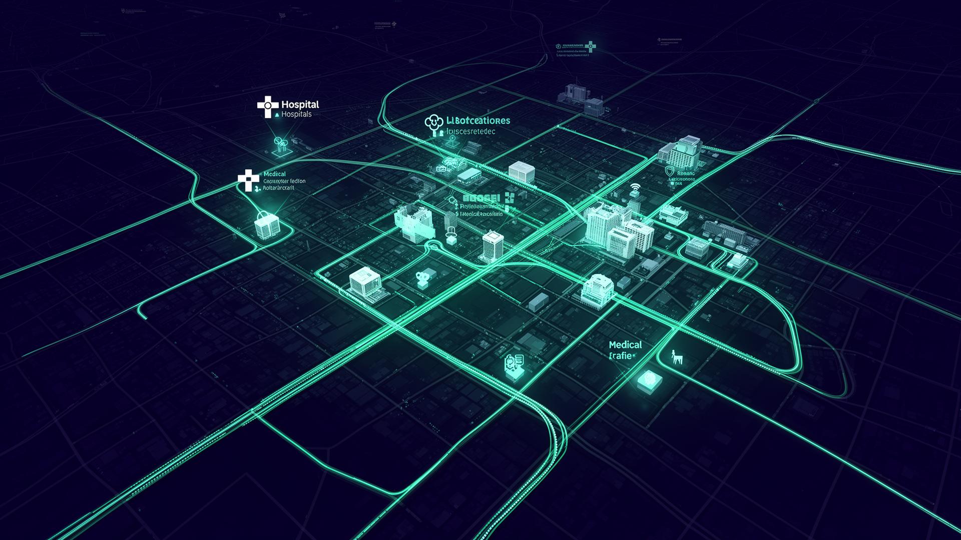 Abstract aerial city map with glowing logistics routes connecting medical facilities