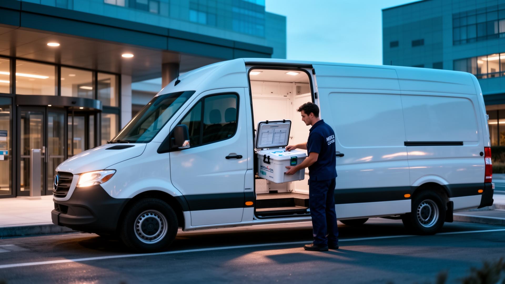 Medical courier loading an insulated specimen transport box at a hospital bay