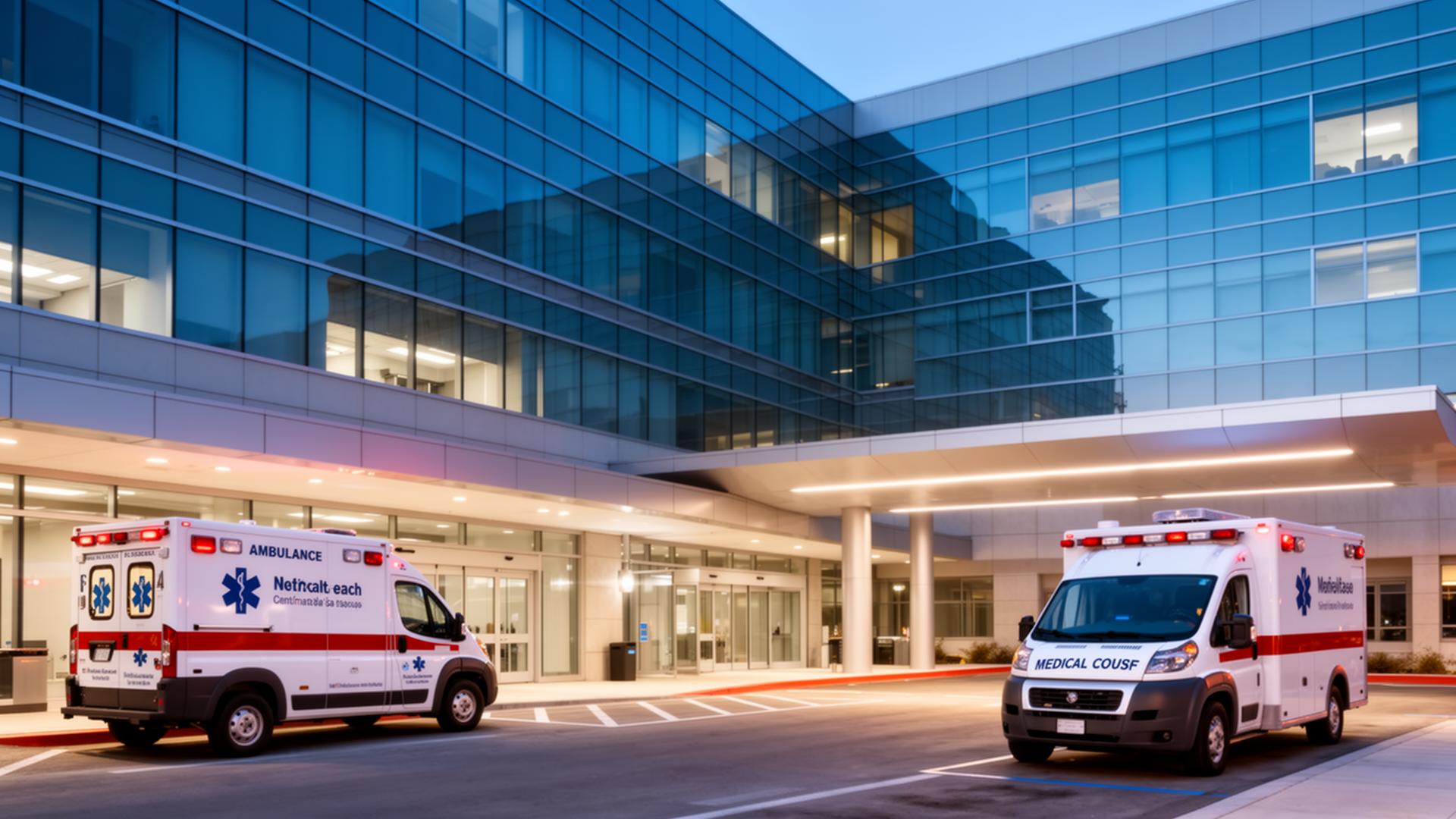 Modern hospital exterior with ambulance bay and medical courier vehicle