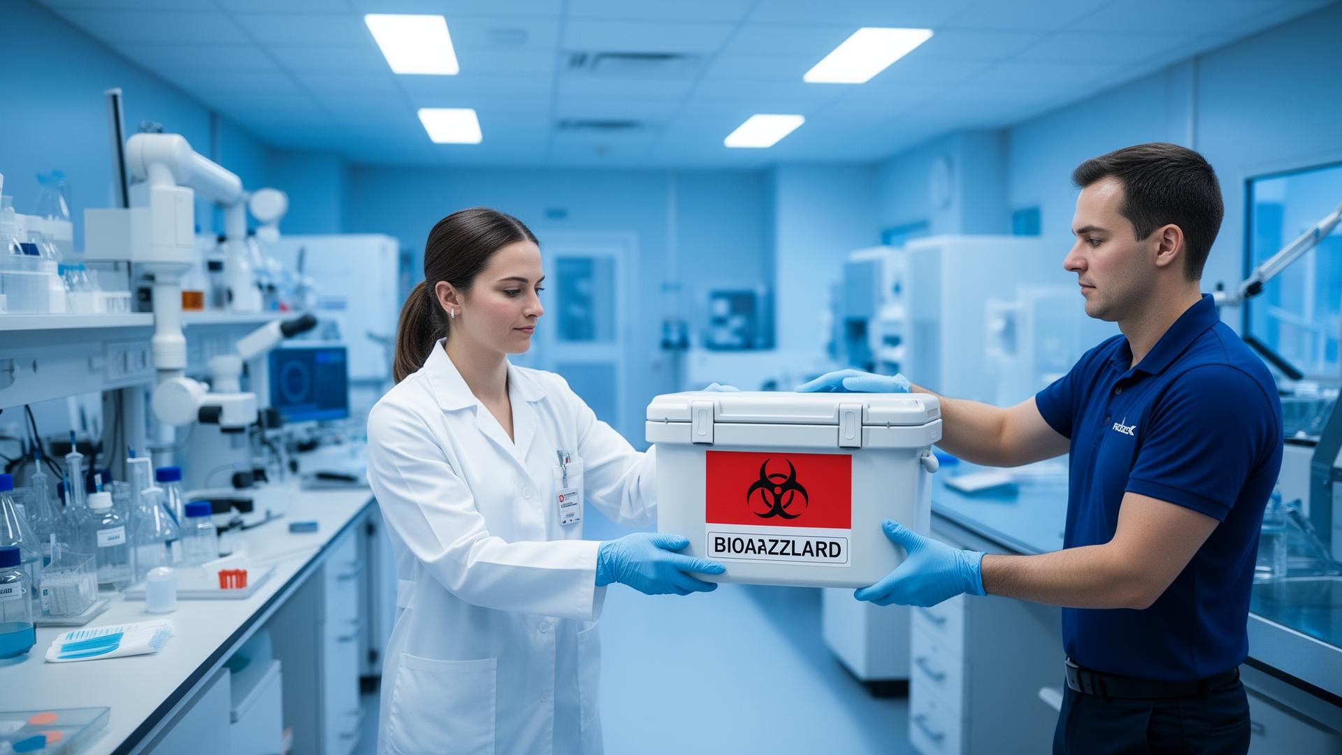 Lab technician handing off a biohazard-labeled specimen cooler to a courier