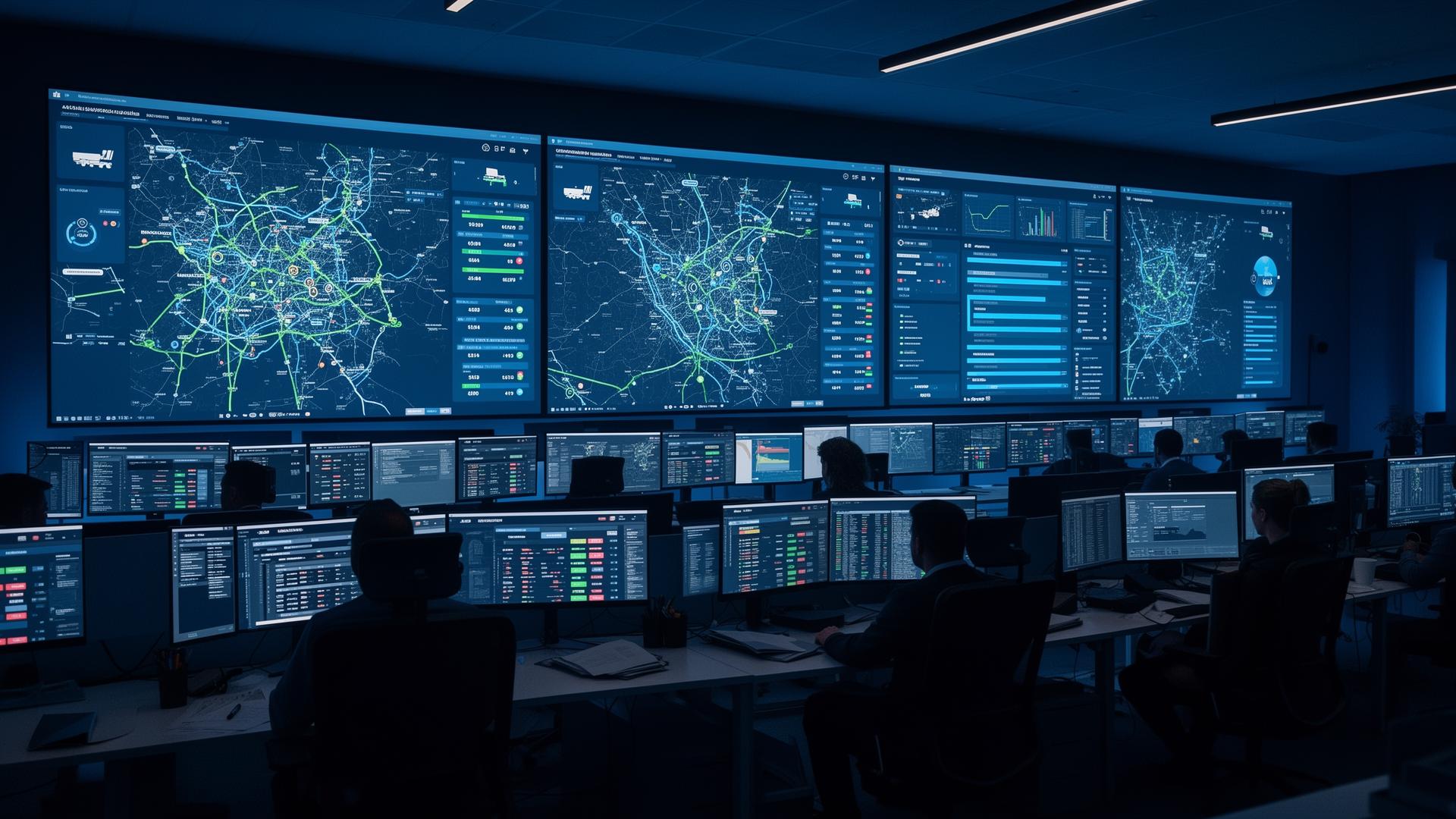 Logistics command center with route maps and tracking dashboards